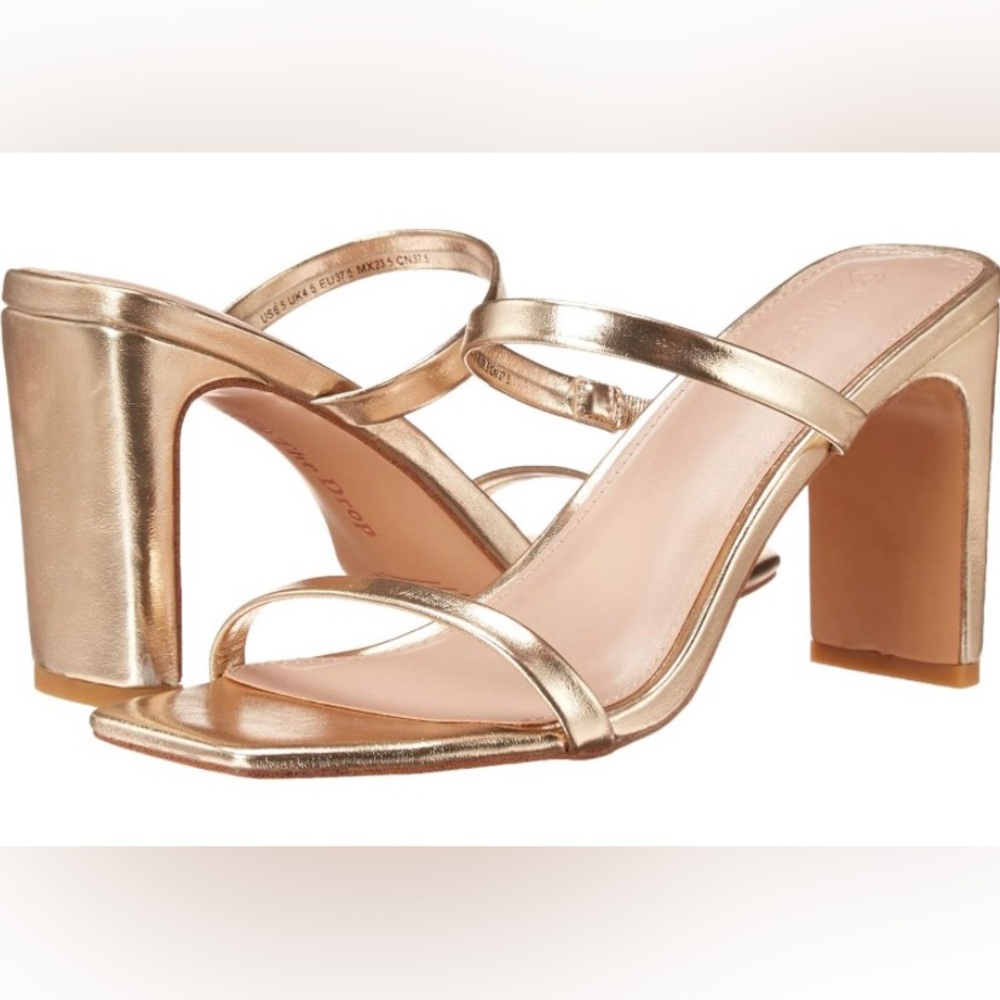 The Drop Women's Avery Square Toe Two Strap High Heeled Sandal in Gold size 6.5